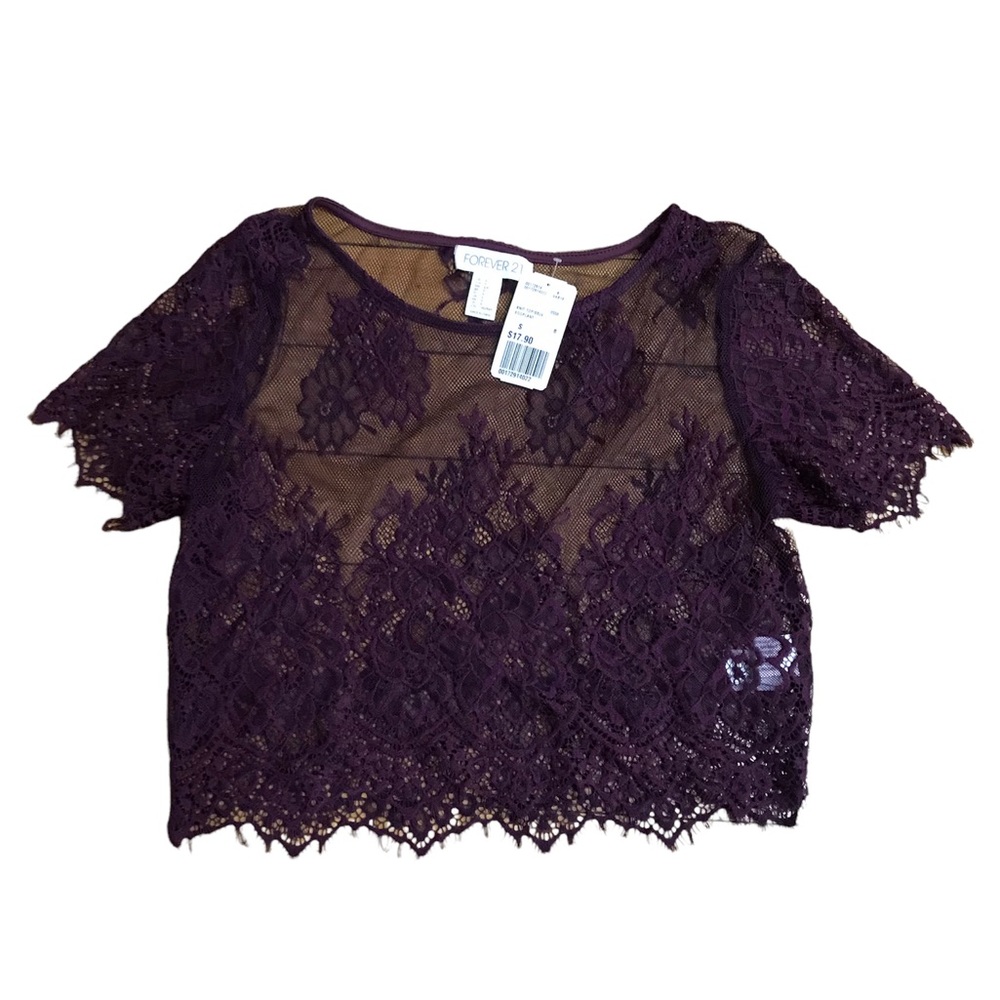 NWT Eggplant Lace cropped top forever 21 short sleeves S festival sexy purple
